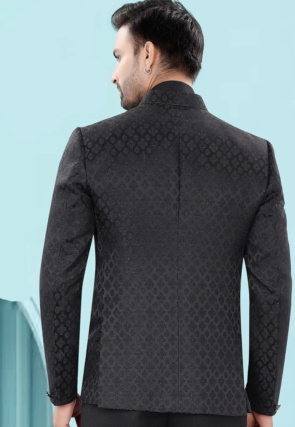 Woven Art Silk Jacquard Blazer in Black