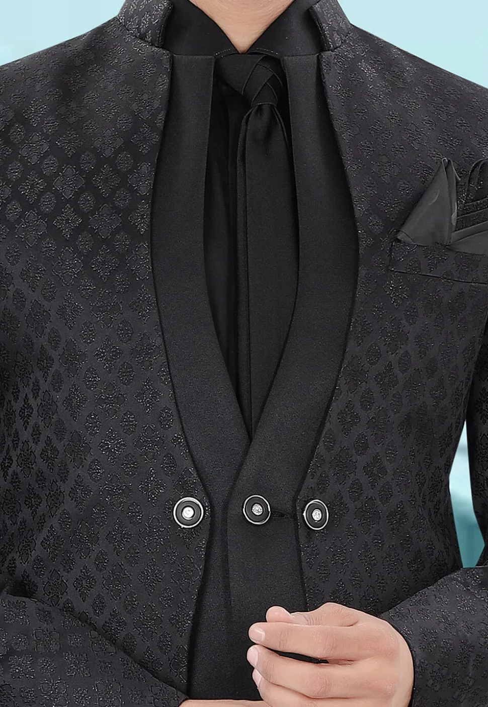 Woven Art Silk Jacquard Blazer in Black