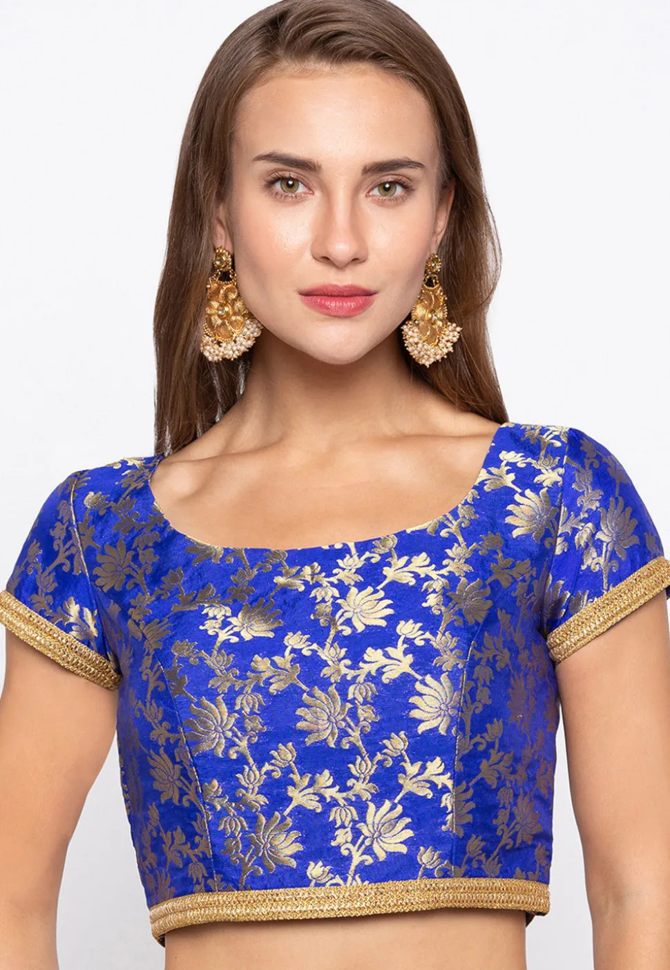 Woven Art Silk Jacquard Blouse in Royal Blue