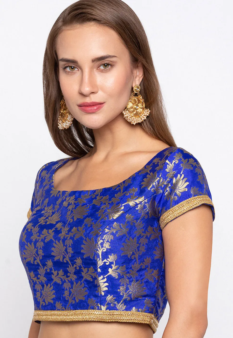 Woven Art Silk Jacquard Blouse in Royal Blue