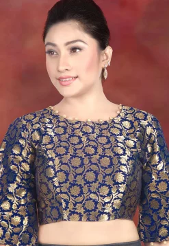 Woven Art Silk Jacquard Blouse in Dark Blue