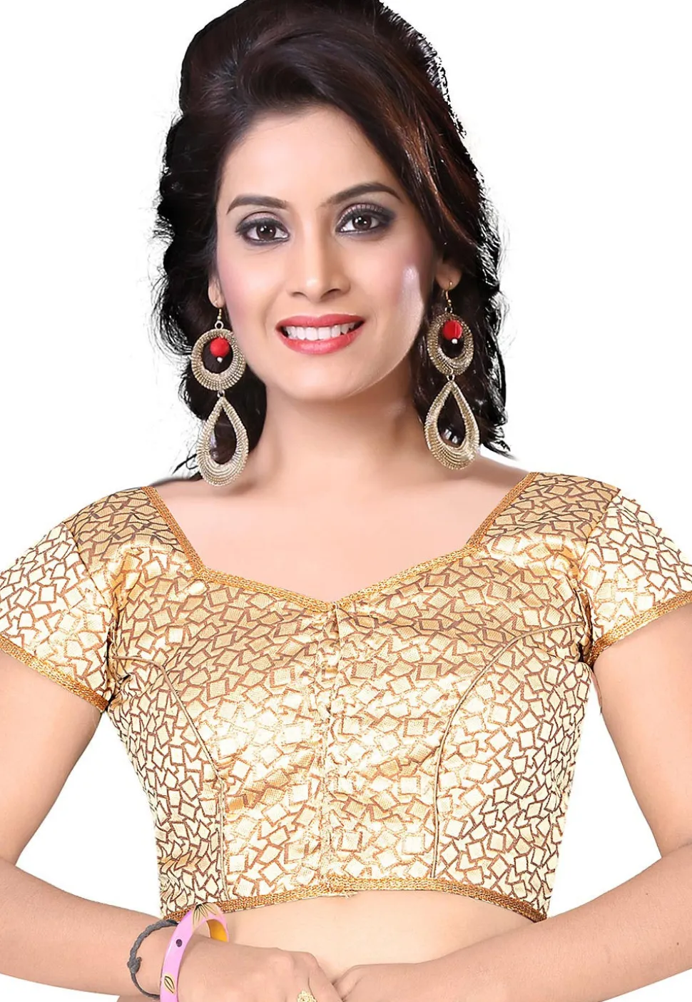 Woven Art Silk Jacquard Blouse in Light Beige