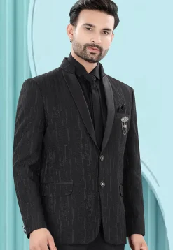 Woven Art Silk Jacquard Blazer in Black