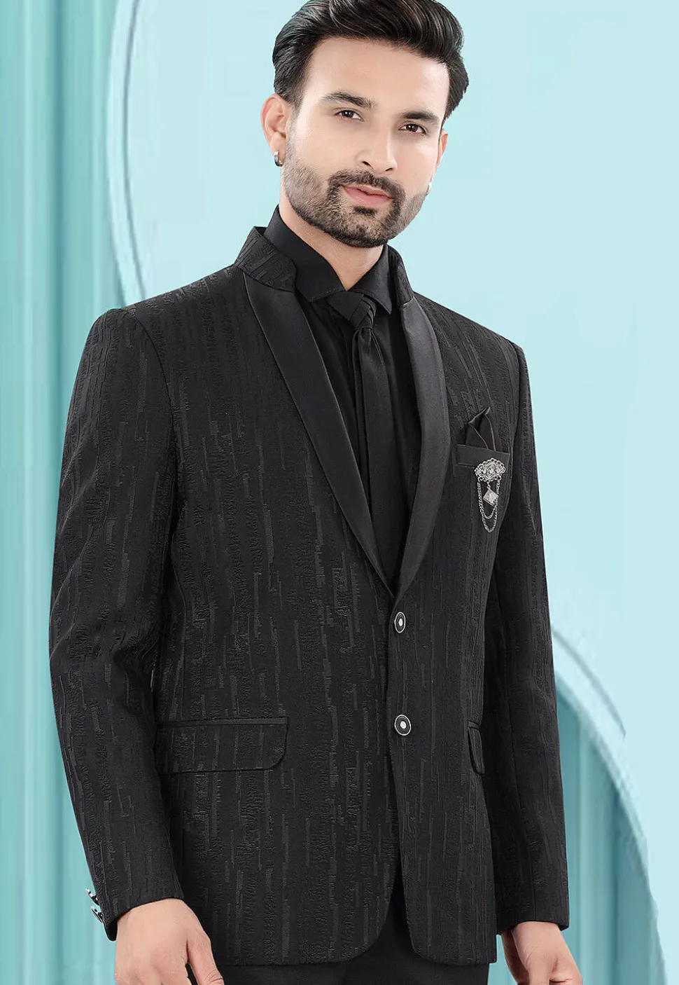 Woven Art Silk Jacquard Blazer in Black