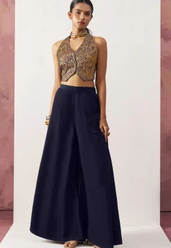 Woven Art Silk Jacquard Crop Top Set in Navy Blue and Golden
