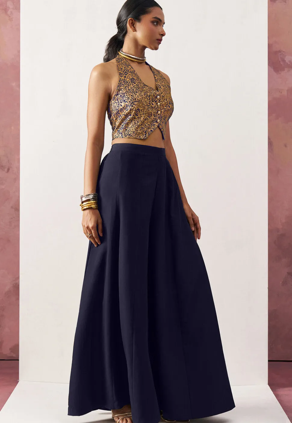 Woven Art Silk Jacquard Crop Top Set in Navy Blue and Golden