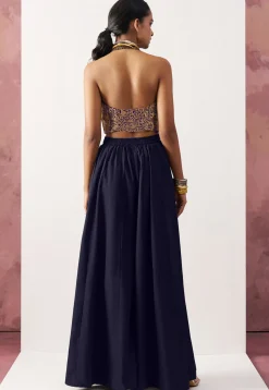 Woven Art Silk Jacquard Crop Top Set in Navy Blue and Golden