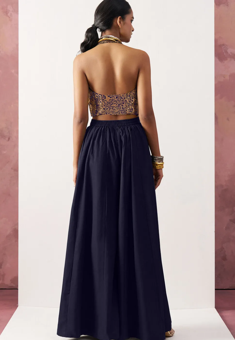 Woven Art Silk Jacquard Crop Top Set in Navy Blue and Golden