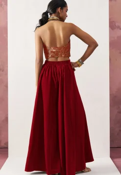 Woven Art Silk Jacquard Crop Top Set in Red and Golden