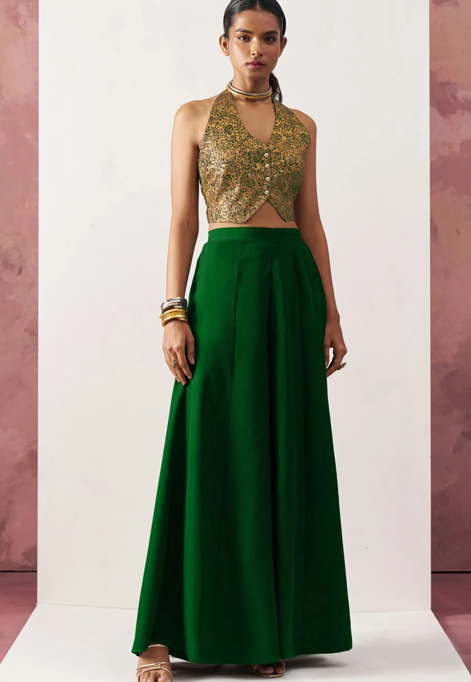 Woven Art Silk Jacquard Crop Top Set in Green and Golden