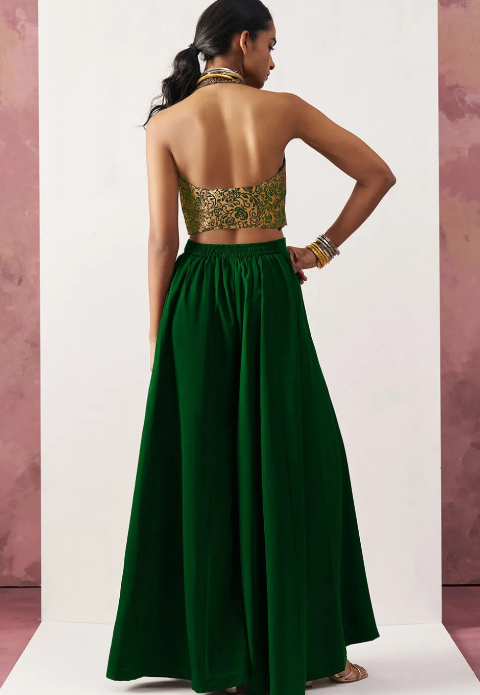Woven Art Silk Jacquard Crop Top Set in Green and Golden