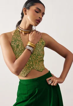 Woven Art Silk Jacquard Crop Top Set in Green and Golden
