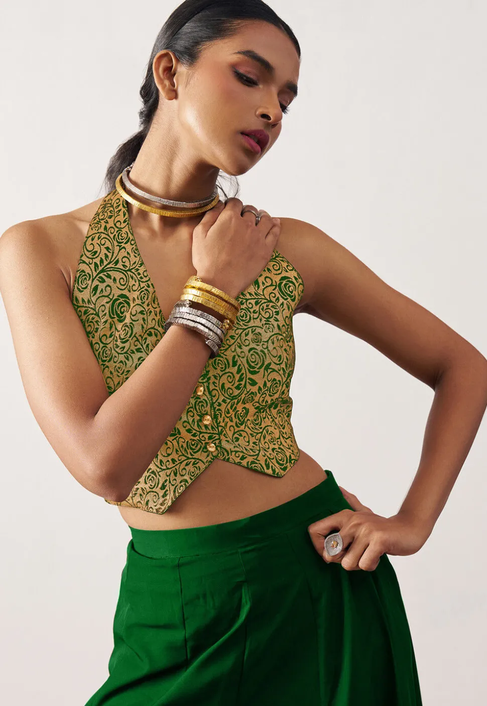 Woven Art Silk Jacquard Crop Top Set in Green and Golden