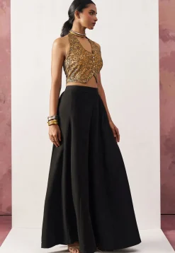 Woven Art Silk Jacquard Crop Top Set in Black and Golden
