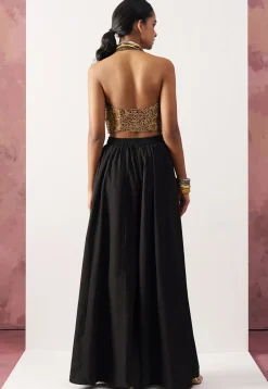 Woven Art Silk Jacquard Crop Top Set in Black and Golden