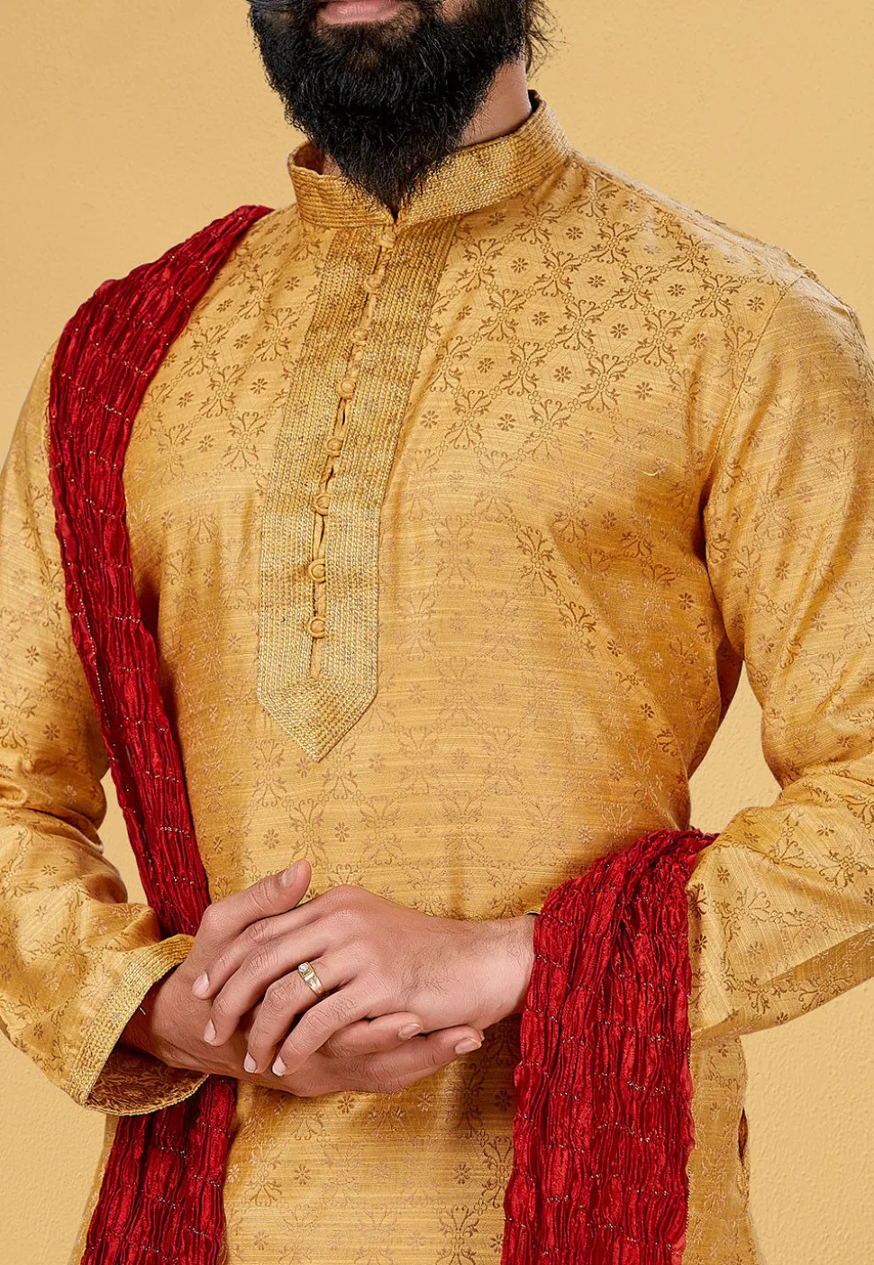 Woven Art Silk Jacquard Dhoti Kurta in Mustard