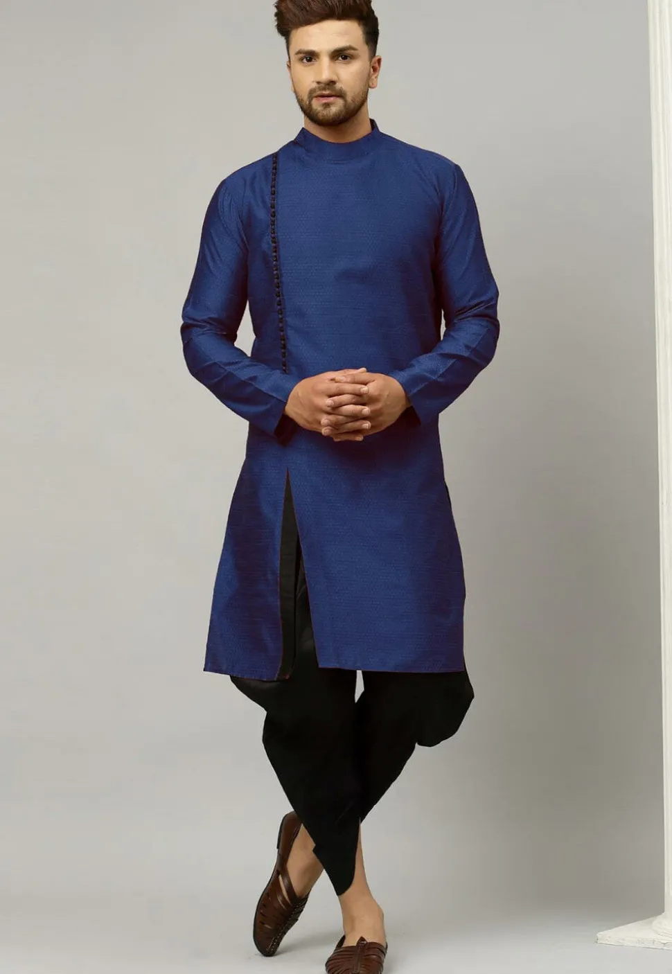 Woven Art Silk Jacquard Dhoti Kurta in Dark Blue