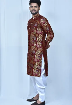Woven Art Silk Jacquard Dhoti Kurta in Maroon