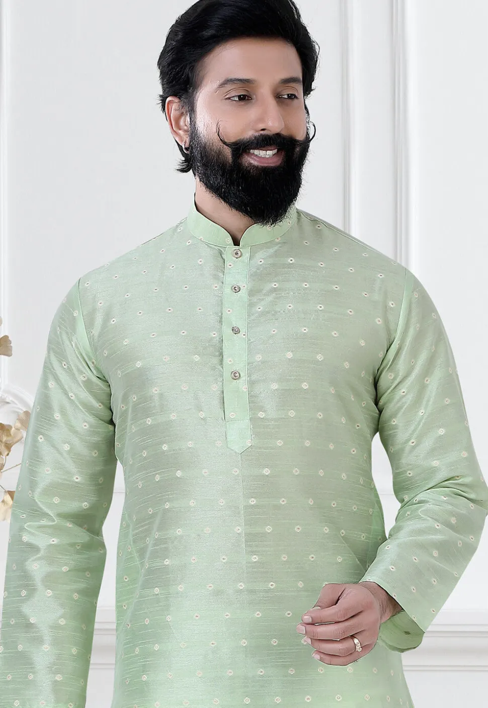 Woven Art Silk Jacquard Dhoti Kurta in Pastel Green
