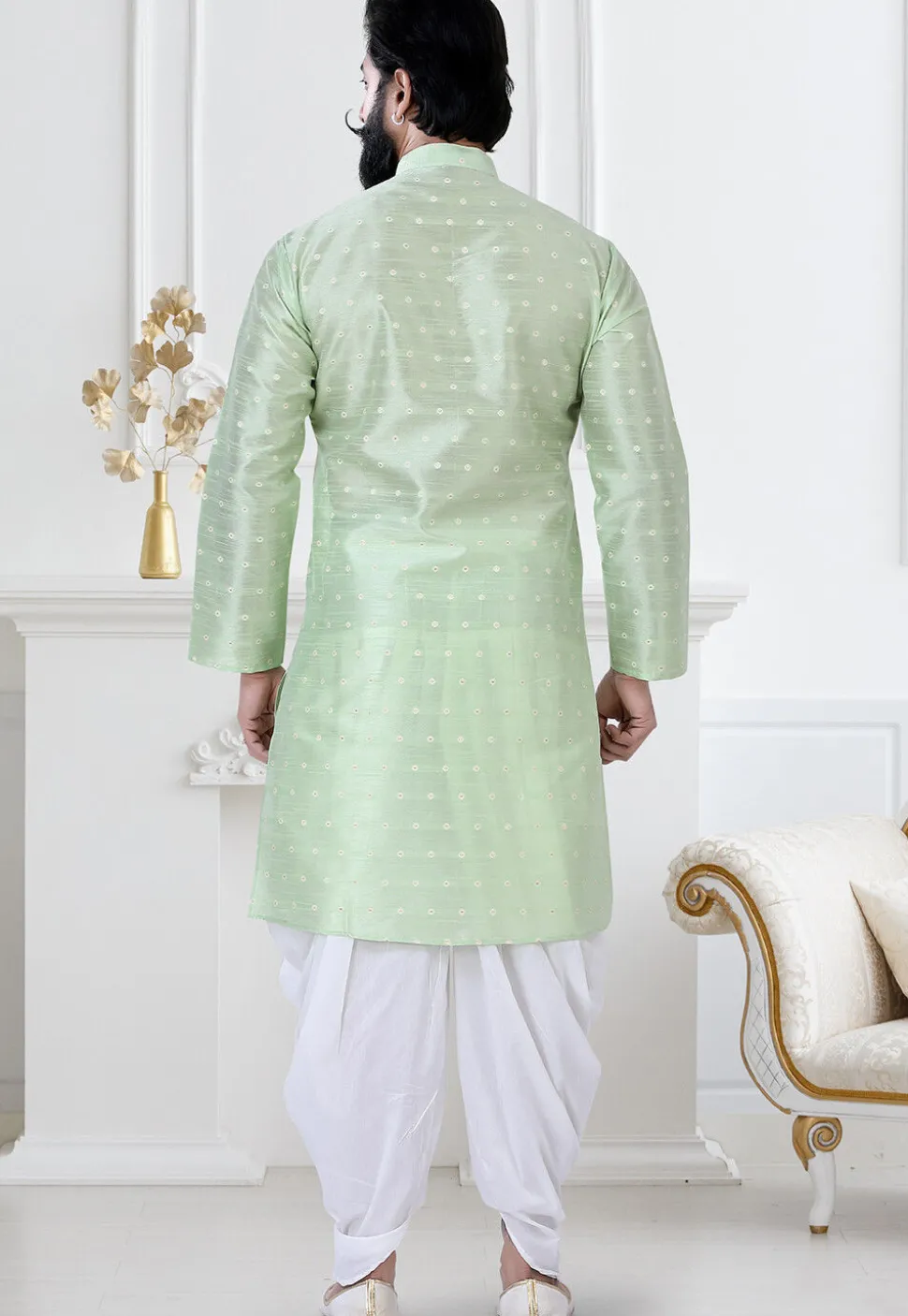 Woven Art Silk Jacquard Dhoti Kurta in Pastel Green