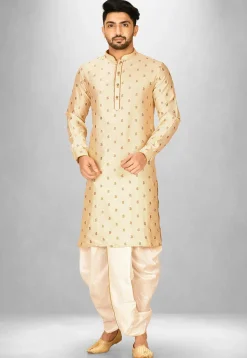 Woven Art Silk Jacquard Dhoti Kurta in Light Beige