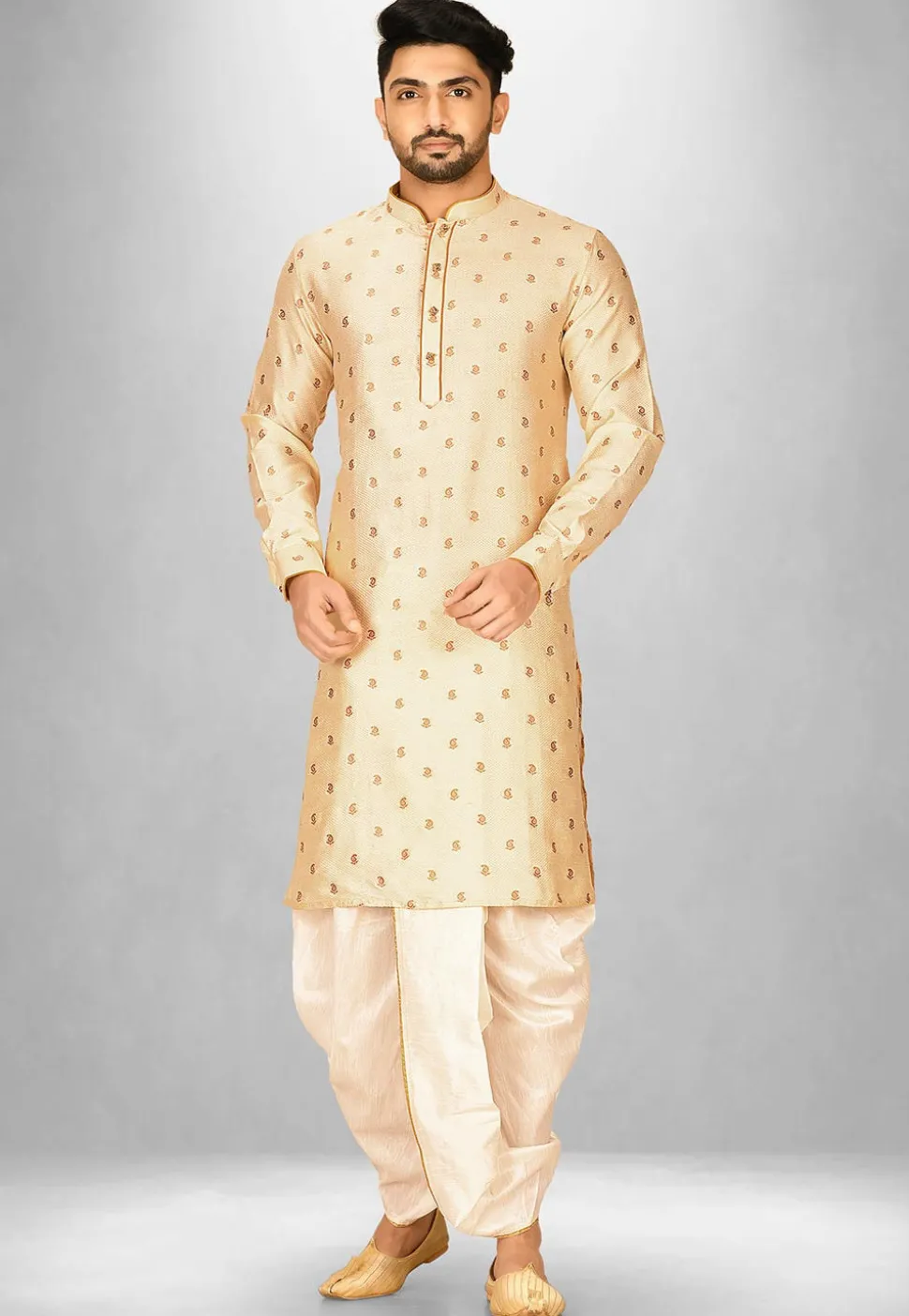 Woven Art Silk Jacquard Dhoti Kurta in Light Beige