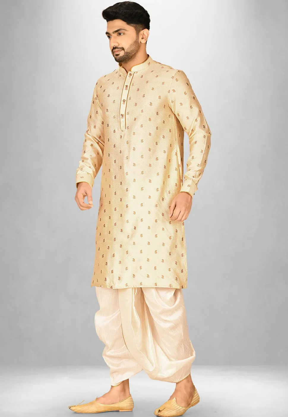 Woven Art Silk Jacquard Dhoti Kurta in Light Beige