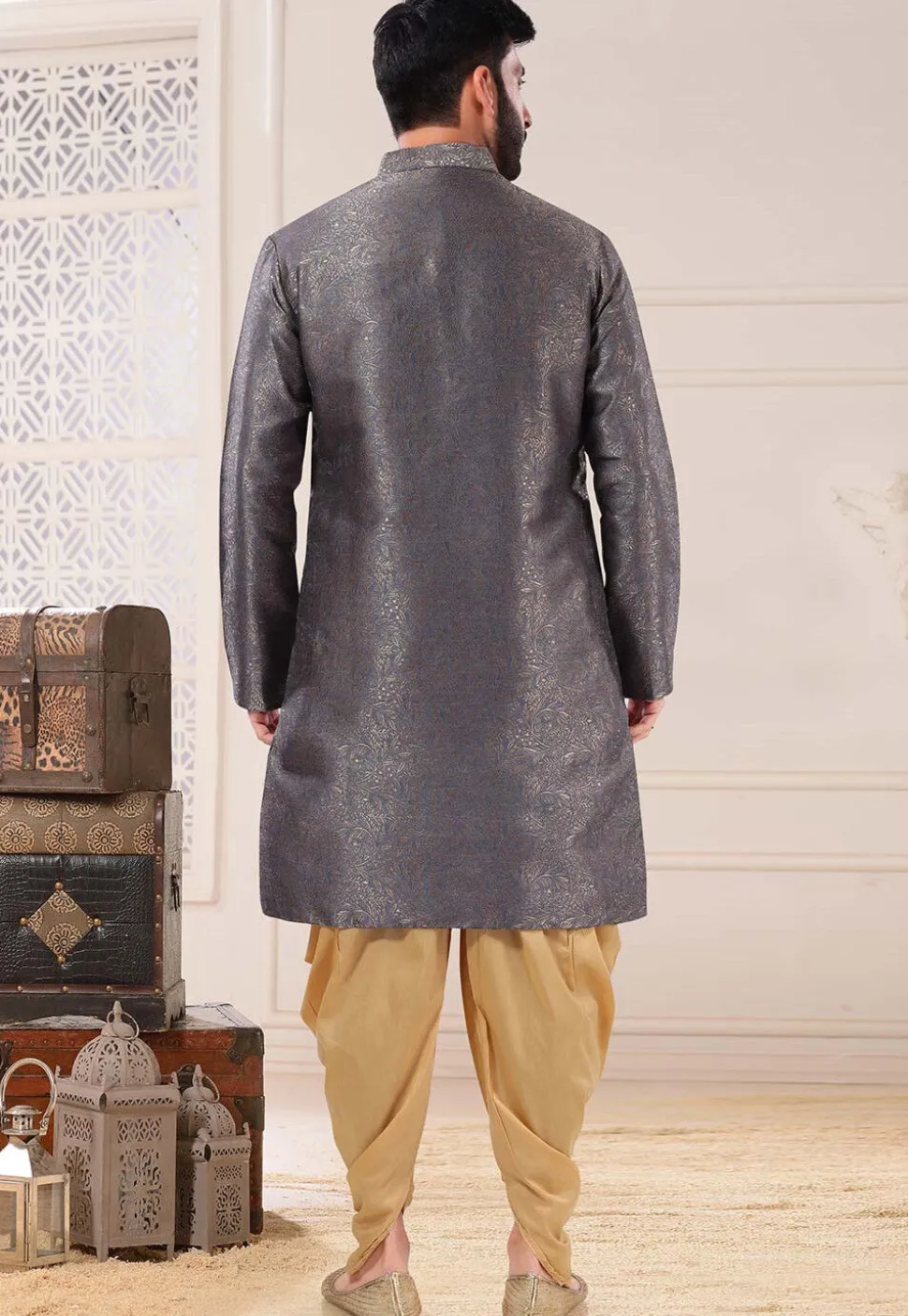 Woven Art Silk Jacquard Dhoti Kurta in Grey