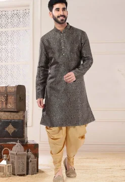 Woven Art Silk Jacquard Dhoti Kurta in Dark Grey
