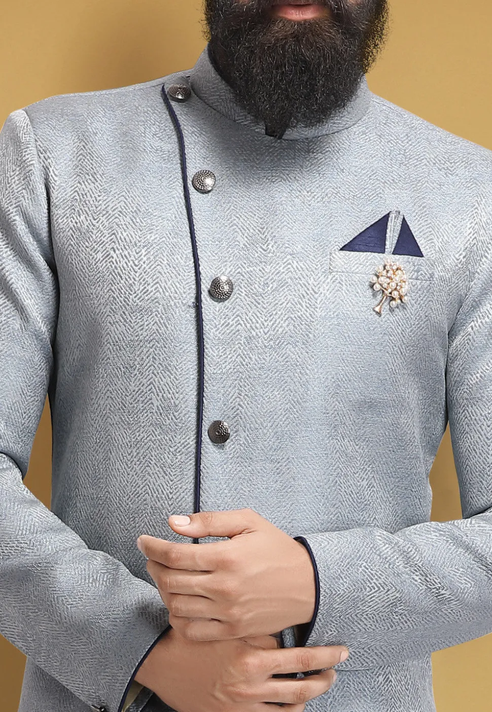 Woven Art Silk Jacquard Dhoti Sherwani in Grey