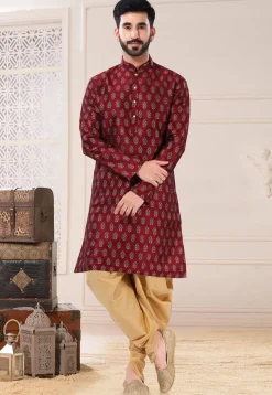 Woven Art Silk Jacquard Dhoti Kurta in Maroon