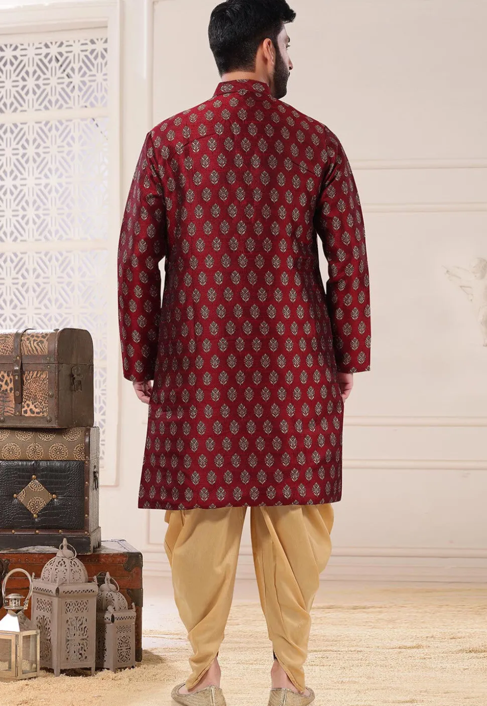 Woven Art Silk Jacquard Dhoti Kurta in Maroon