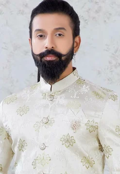 Woven Art Silk Jacquard Dhoti Sherwani in Light Beige