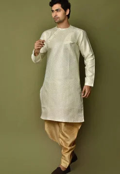 Woven Art Silk Jacquard Dhoti Kurta in Cream