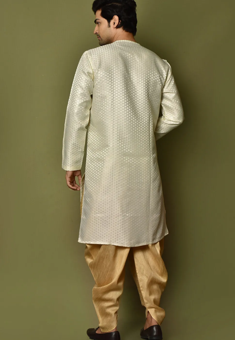Woven Art Silk Jacquard Dhoti Kurta in Cream