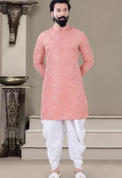 Woven Art Silk Jacquard Dhoti Kurta in Peach