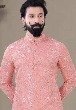 Woven Art Silk Jacquard Dhoti Kurta in Peach