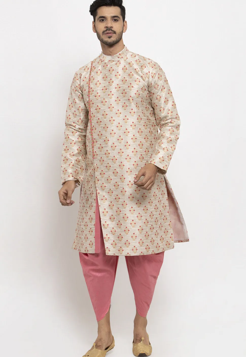 Woven Art Silk Jacquard Dhoti Kurta in Light Beige