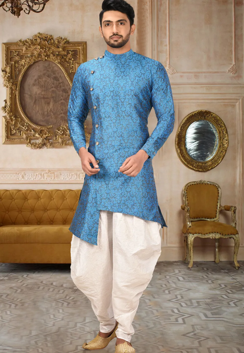 Woven Art Silk Jacquard Dhoti Kurta in Blue