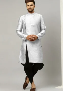 Woven Art Silk Jacquard Dhoti Kurta in Light Grey