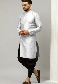 Woven Art Silk Jacquard Dhoti Kurta in Light Grey