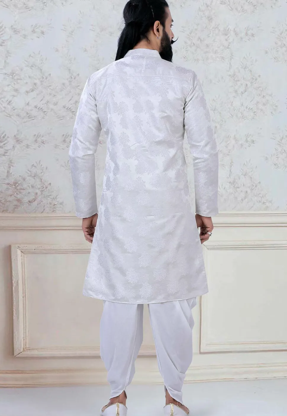 Woven Art Silk Jacquard Dhoti Kurta in Off White