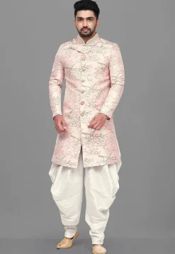 Woven Art Silk Jacquard Dhoti Sherwani in Pink