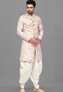 Woven Art Silk Jacquard Dhoti Sherwani in Pink