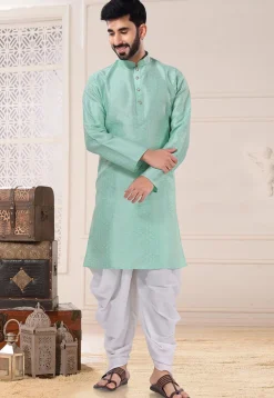 Woven Art Silk Jacquard Dhoti Kurta in Sea Green