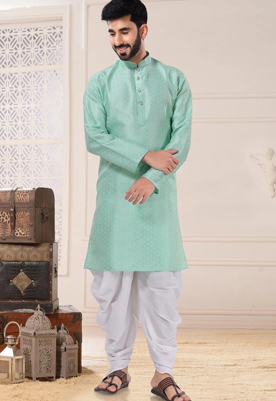 Woven Art Silk Jacquard Dhoti Kurta in Sea Green
