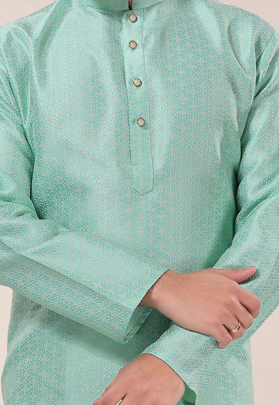 Woven Art Silk Jacquard Dhoti Kurta in Sea Green
