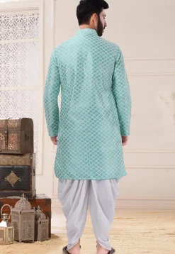 Woven Art Silk Jacquard Dhoti Kurta in Sea Green