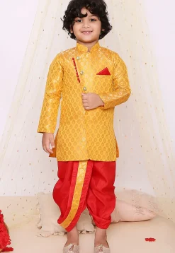 Woven Art Silk Jacquard Dhoti Kurta in Yellow