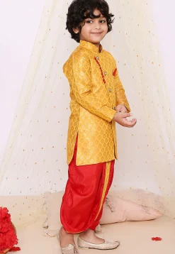 Woven Art Silk Jacquard Dhoti Kurta in Yellow